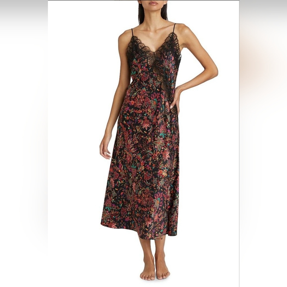 Natori Floral Lace Trim Slip Dress Gown Size Large